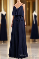 Black Chiffon V-Neck Ruffled A-Line Long Bridesmaid Dress