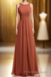 Rust Orange Crew Neck Backless A-Line Long Bridesmaid Dress