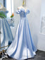 Blue A Line Off Shoulder Long Formal Prom Dress, Blue Evening Dress