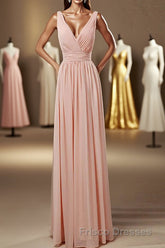 Elegant Plush Pink V-Neck Open Back A-Line Long Bridesmaid Dress