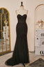 Black Strapless Appliques Mermaid Long Prom Dresses with Slit