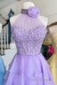 Lavender Illusion Halter Flower Appliques Multi-Layers Long Formal Prom Dress