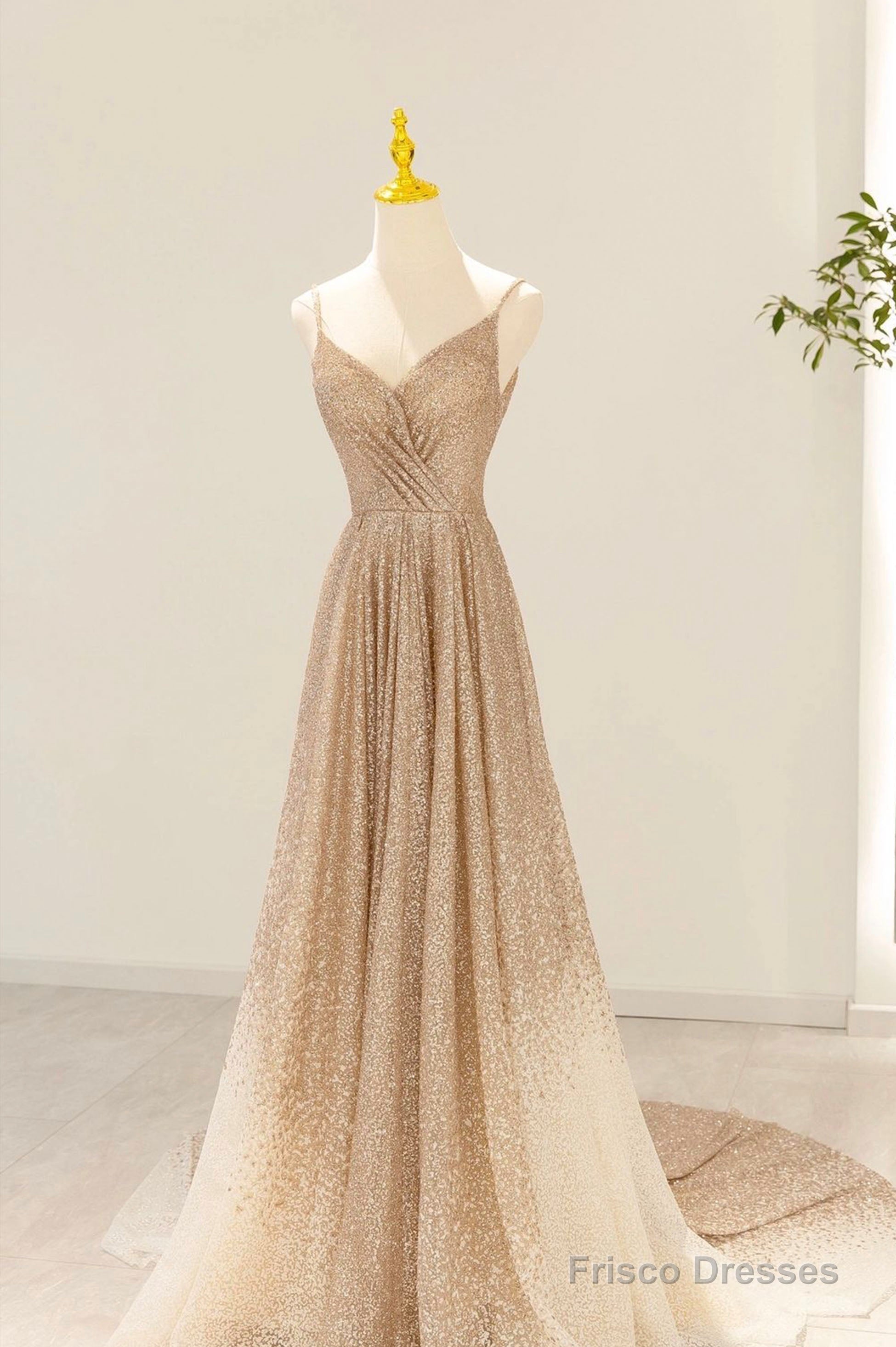 Gold V-Neck Sequins Long Prom Dress, A-Line Evening Party Dress Frisco Dresses Gold V-Neck Sequins Long Prom Dress, A-Line Evening Party Dress Frisco Dresses