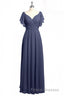Navy Blue V-Neck Backless Ruffled A-Line Long Dress