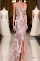 Rose Gold Sequin V-neck Long Formal Prom Dress with Slit