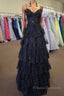 Straps Black Appliques Tulle Ruffle A-line Formal Prom Dress