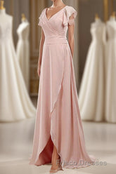 Blush Pink V-Neck Ruffled Long Bridesmaid Dress