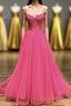 Hot Pink Floral Spaghetti Straps A-line Long Formal Prom Dress