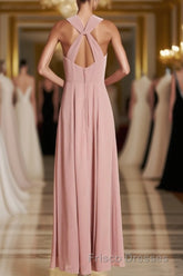 Dusty Pink Twist-Front Backless Long Formal Prom Dress