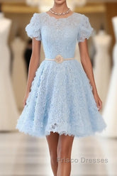 Cute Blue Lace Short Formal Prom Dress, Blue Homecoming Dress