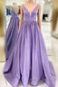 Straps V Neck Satin Maxi Formal Prom Dress Lavender Formal Evening Gown