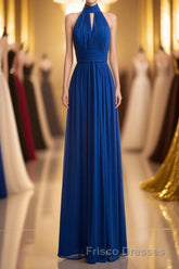 Royal Blue Chiffon Halter Keyhole Long Formal Prom Dress