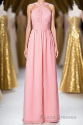 Pink Chiffon Halter Backless A-Line Long Bridesmaid Dress