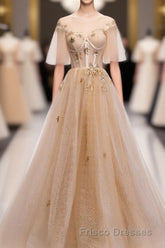 Champagne Round Neck Tulle Lace Long Formal Prom Dress, Formal Prom Dress