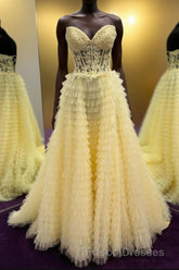Yellow Lace-Up Floral Multi-Layers Strapless A-line Long Formal Prom Dress