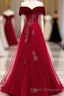 Burgundy Tulle Off Shoulder Long Formal Prom Dress, Burgundy Formal Prom Dress