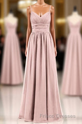 Dusty Pink Spaghetti Straps Banded Waist Long Bridesmaid Dress