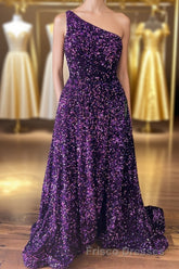 Purple Sequin One-Shoulder Backless A-Line Long Formal Prom Dress
