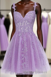 Lavender Tulle Lace Applique Homecoming Dress, Floral Tulle Short Formal Prom Dress