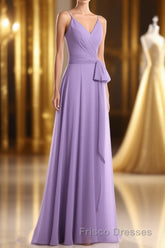 Lavender Spaghetti Straps Tie-Side Long Formal Prom Dress