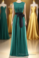 Hunter Green Crew Neck Belted Long Bridesmaid Dress