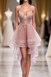 Pink Tulle Lace High Low Formal Prom Dress, Pink Homecoming Dress, 1