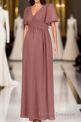 Brown V-Neck High-Waist Long Maternity Bridesmaid Dress