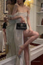 Elegant Mermaid Off the Shoulder Silver Sequins Long Prom Dress with Split Front