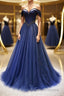 A-Line Tulle Beading Long Formal Prom Dress, Off the Shoulder Evening Dress