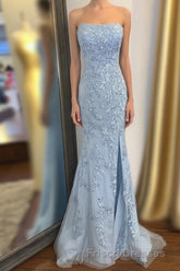 Strapless Light Blue Lace Long Formal Prom Dress with Slit