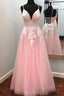 Elegant V Neck Lace-Up Back Pink Long Formal Prom Dress with Appliques
