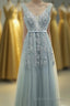 A-line Tulle Grey Long Formal Prom Dress