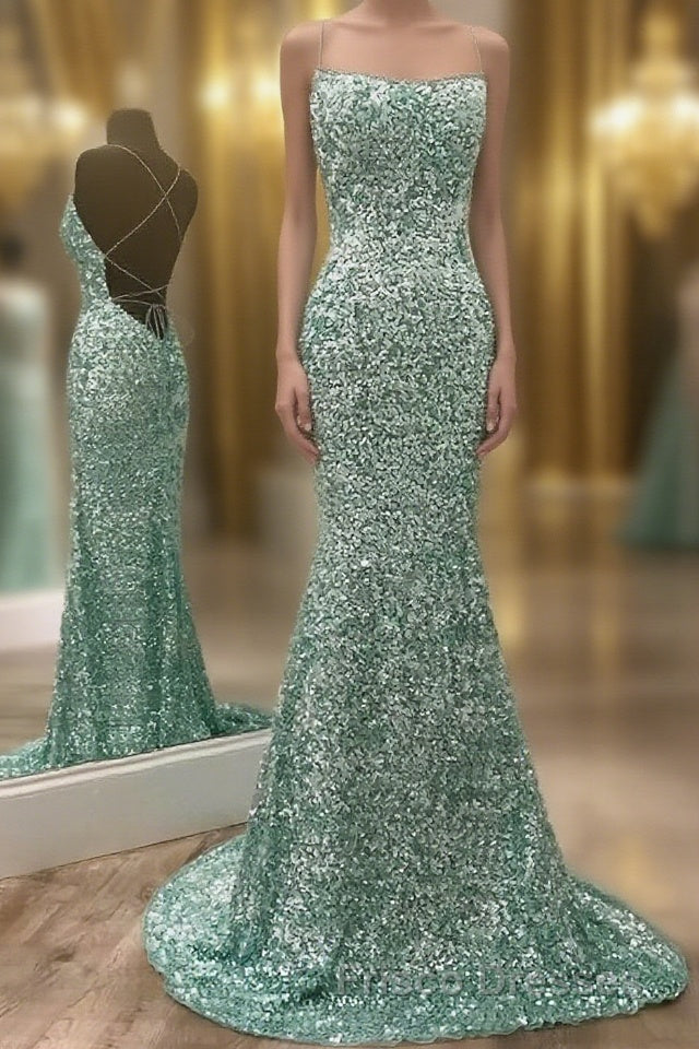 Mint Green Sparkly Chic Long Formal Prom Evening Dress Mermaid Formal