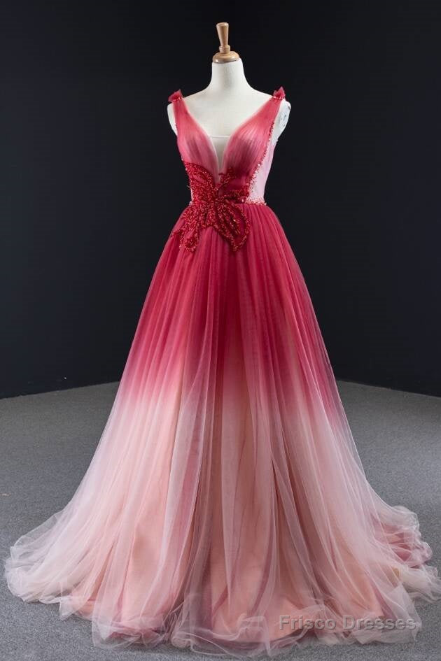 ombre red dress Beautiful A line Straps Ombre Red Long Chiffon Prom Dress P1284 PreppyDress