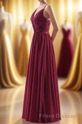 Wine Red Chiffon A-line Long Pleated Bridesmaid Dress