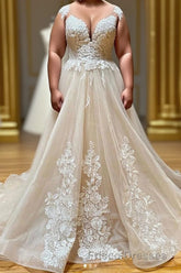 Champagne Sleeveless Round Neck Tulle Lace Long Formal Prom Dress