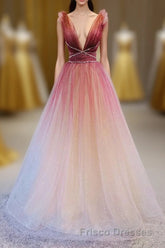 A-Line Burgundy V Neck Tulle Sequin Long Formal Prom Dress Burgundy Evening Dress