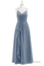 Dusty Blue Chiffon Halter Backless Ruffled Long Bridesmaid Dress
