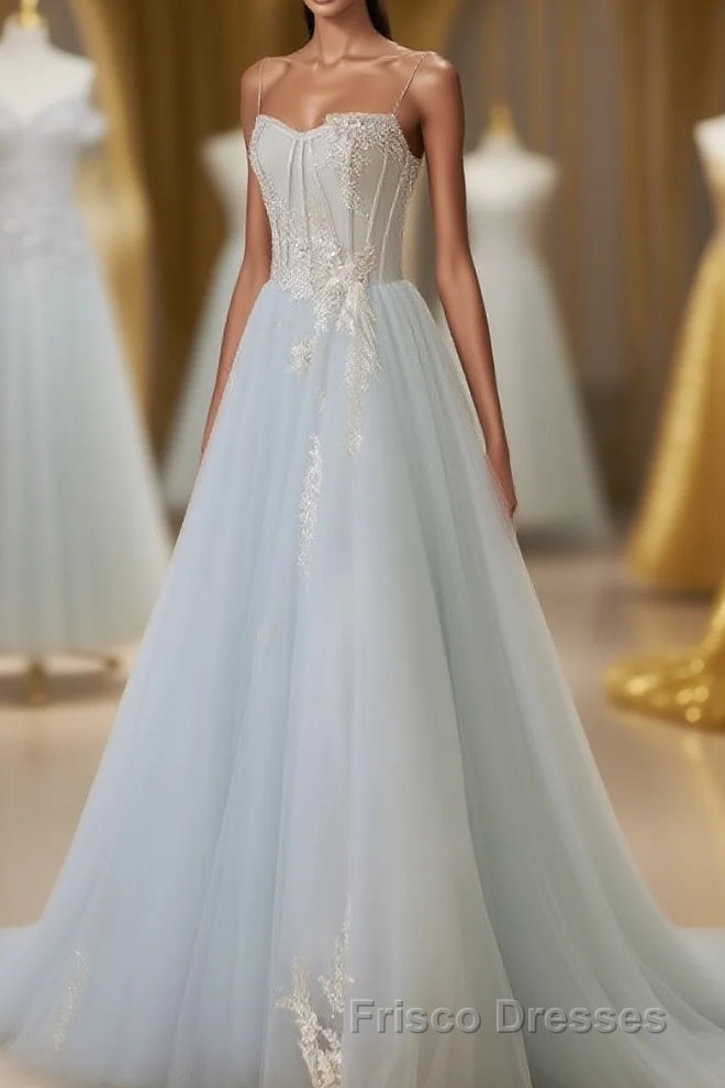 A-Line Tulle Lace Appliques Sweetheart Long Formal Prom Dress, Straple