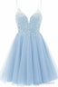 A-line Straps Appliques Tulle Short Homecoming Dresses