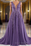 A-line V-Neck Lace Appliques Long Formal Prom Dress