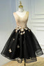 A Line Black V Neck Lace Up Homecoming Dresses, Sleeveless Prom Dress With Butterfly