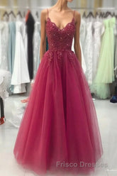 Wine Red Tulle Straps Lace Applique Long Formal Prom Dress, Wine Red Formal Prom Dress