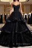 Black Tulle Open Back V Neck Beaded Layered Long Formal Prom Dress