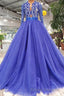 Blue Long Sleeves V Neck Tulle Formal Prom Dress with Beading