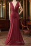 Burgundy Mermaid V-Neck Long Glitter Formal Prom Dress With Pleating