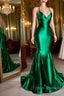 Satin Trumpet V-Neck Spaghetti Straps Formal Prom Evening Dress For Black Girls
