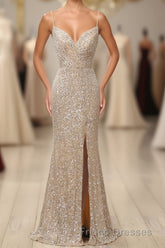 Silver Sequins Long Formal Prom Dress with Slit