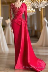 Gorgeous Red Long Sleeve Mermaid Evening Dress Lace Appliques Formal Prom Gown Ruffles
