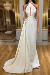 Ivory Halter Long Evening Formal Prom Dress With Split Detachable Train